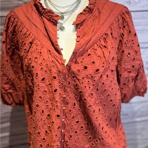 Women’s Eyelet Puff-Sleeve Blouse — Rust